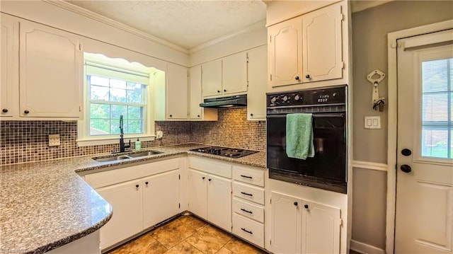 368 Shady Grove Rd, Eden, NC 27288 - kitchen featuring black appliances, white cabinetry, backsplash, under cabinet range hood, and ornamental molding