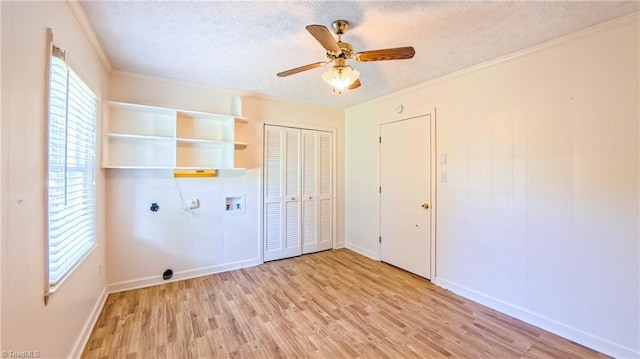 368 Shady Grove Rd, Eden, NC 27288 - washroom with washer hookup, a textured ceiling, light wood finished floors, ceiling fan, and crown molding