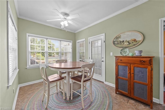 168 Redmeadow Dr, Advance, NC 27006 - dining room featuring ceiling fan, ornamental molding, and tile patterned floors