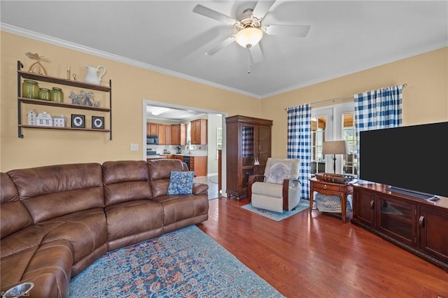 168 Redmeadow Dr, Advance, NC 27006 - living area featuring crown molding, dark wood-style flooring, and ceiling fan