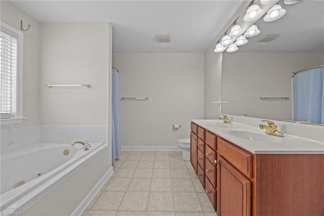 168 Redmeadow Dr, Advance, NC 27006 - bathroom with double vanity, a jetted tub, a shower with curtain, and tile patterned floors