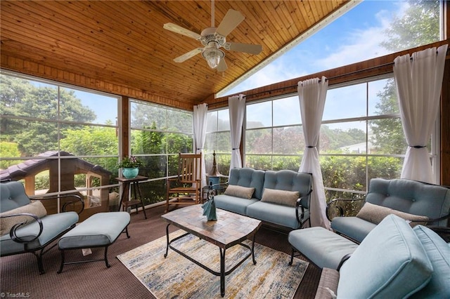168 Redmeadow Dr, Advance, NC 27006 - sunroom / solarium featuring wooden ceiling, an outdoor living space, a ceiling fan, high vaulted ceiling, and carpet