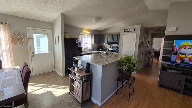 kitchen featuring lofted ceiling, freestanding refrigerator, under cabinet range hood, stainless steel range with electric stovetop, and a kitchen bar