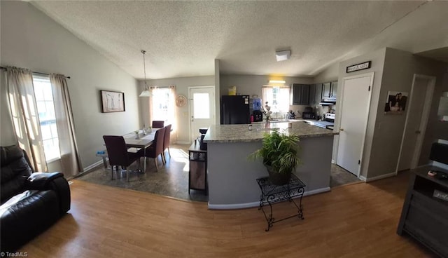 kitchen featuring dark wood-style flooring, decorative light fixtures, lofted ceiling, freestanding refrigerator, and open floor plan