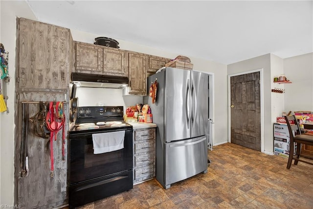 214 Stokes Forest Dr, King, NC 27021 - kitchen with freestanding refrigerator, black range with electric stovetop, under cabinet range hood, stone finish floors, and light countertops
