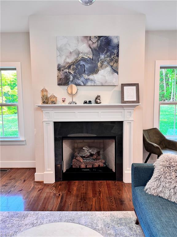 3064 Wesley Farm Ln, Sophia, NC 27350 - detailed view of a fireplace, wood finished floors, and baseboards