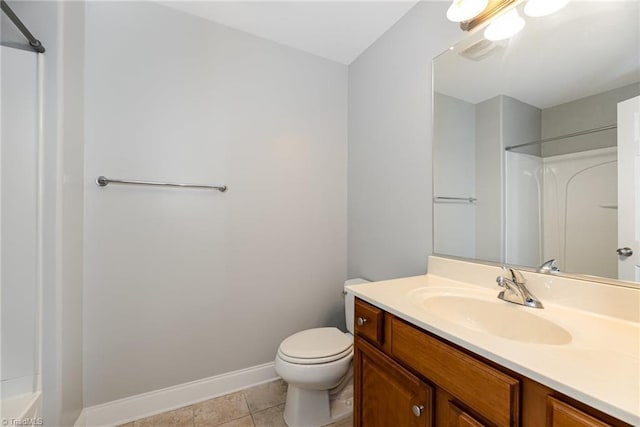 bathroom with toilet, vanity, tile patterned floors, and walk in shower