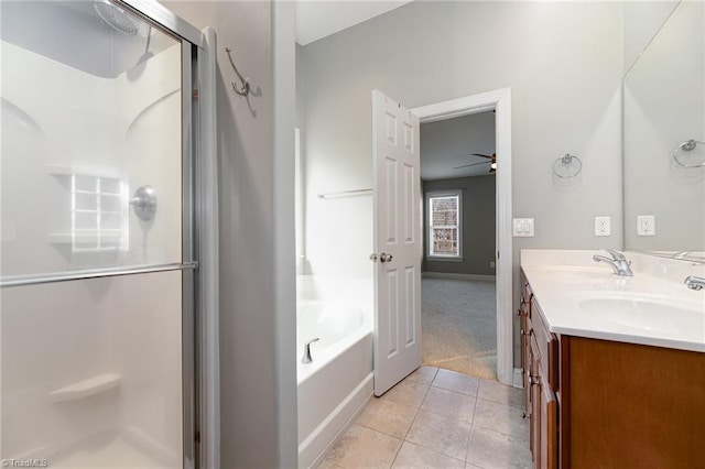 bathroom with vanity, tile patterned floors, ceiling fan, and separate shower and tub