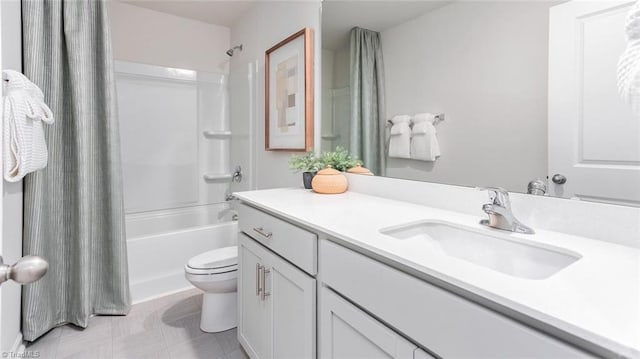 full bathroom with toilet, vanity, and shower / bath combination with curtain