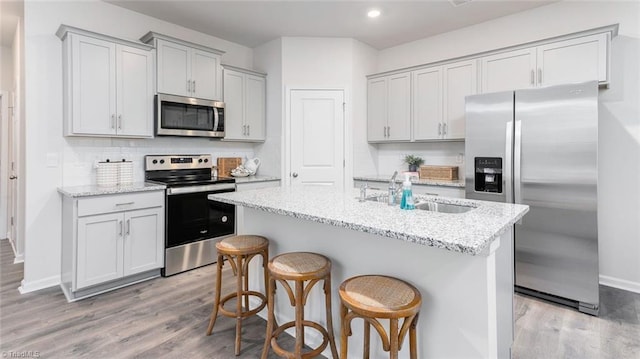 kitchen featuring light wood-type flooring, light stone countertops, stainless steel appliances, and sink