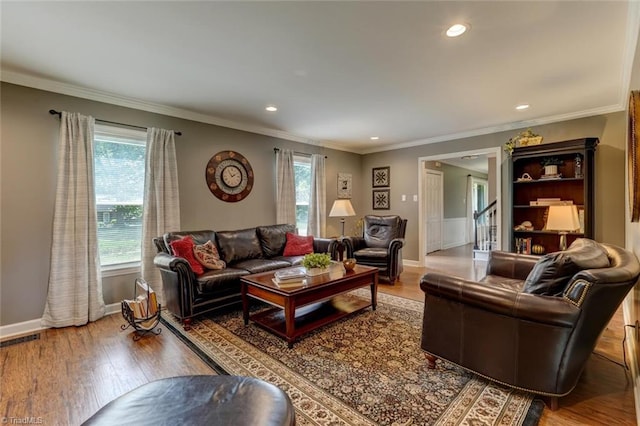 1274 Candlewood Dr, Elon, NC 27244 - living room with wood finished floors, baseboards, recessed lighting, and ornamental molding