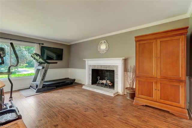 1274 Candlewood Dr, Elon, NC 27244 - exercise room featuring wood finished floors, crown molding, a brick fireplace, and wainscoting