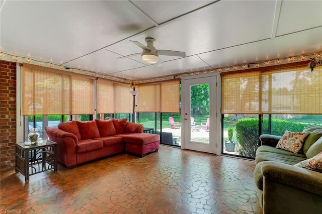 1274 Candlewood Dr, Elon, NC 27244 - sunroom featuring an outdoor hangout area, ceiling fan, and healthy amount of natural light