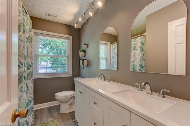 1274 Candlewood Dr, Elon, NC 27244 - full bath with healthy amount of natural light, a textured ceiling, wood finished floors, toilet, and double vanity