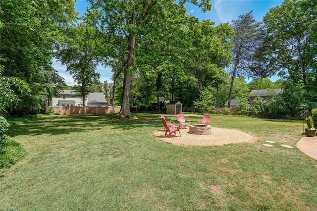 1274 Candlewood Dr, Elon, NC 27244 - view of yard featuring an outdoor fire pit, a storage unit, and an outdoor structure