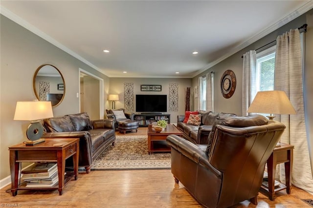 1274 Candlewood Dr, Elon, NC 27244 - living room featuring light wood finished floors, recessed lighting, and crown molding
