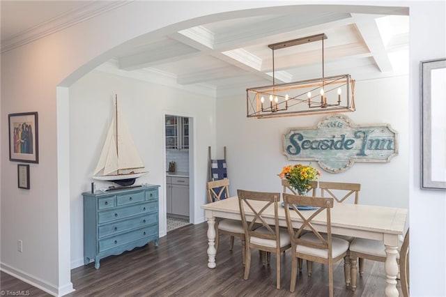 dining area featuring beamed ceiling, coffered ceiling, and dark wood-type flooring