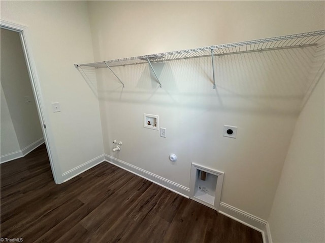 laundry room with gas dryer hookup, washer hookup, dark wood-type flooring, and electric dryer hookup