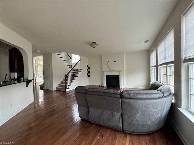 living room featuring dark hardwood / wood-style floors and a wealth of natural light