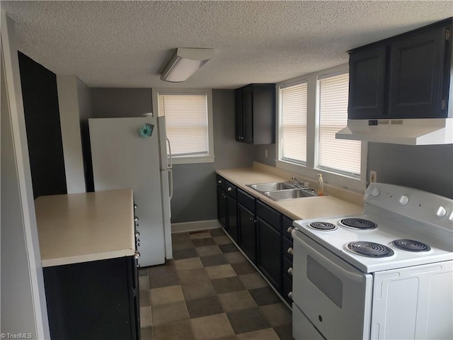 kitchen featuring white appliances, a textured ceiling, sink, and exhaust hood