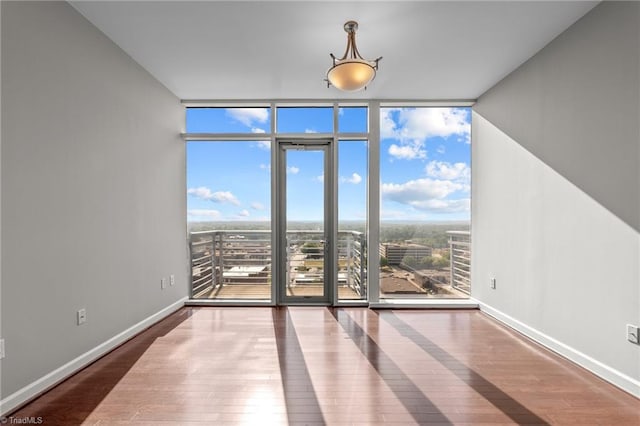 empty room featuring hardwood / wood-style flooring and a wall of windows