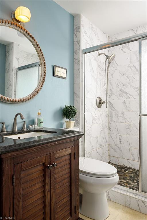 full bathroom featuring a shower stall, vanity, and toilet