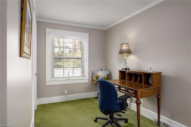 carpeted home office featuring baseboards and ornamental molding