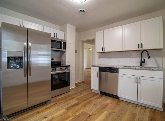 kitchen featuring stainless steel appliances, a sink, visible vents, white cabinetry, and light wood finished floors