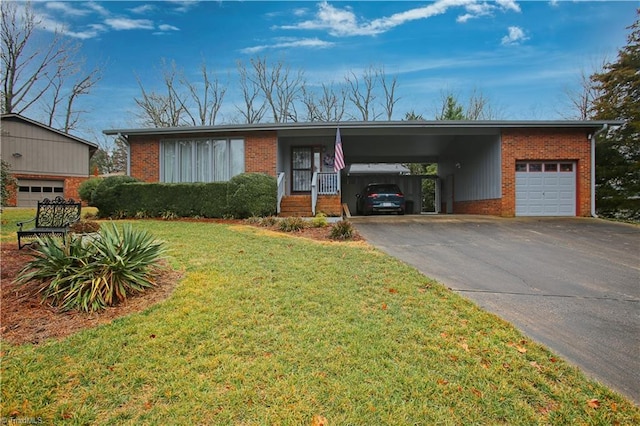 single story home with a carport, a garage, and a front yard