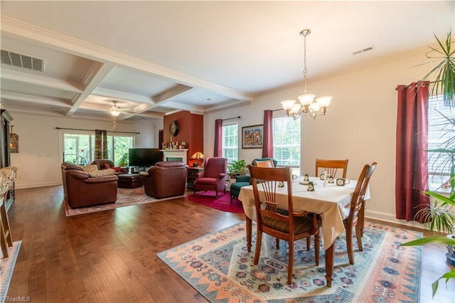 dining space with coffered ceiling, visible vents, and plenty of natural light