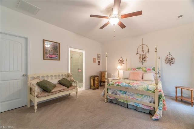 bedroom with a ceiling fan, visible vents, carpet flooring, and ensuite bathroom