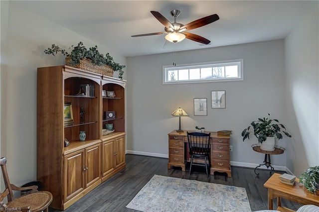 office area featuring ceiling fan, dark wood finished floors, and baseboards