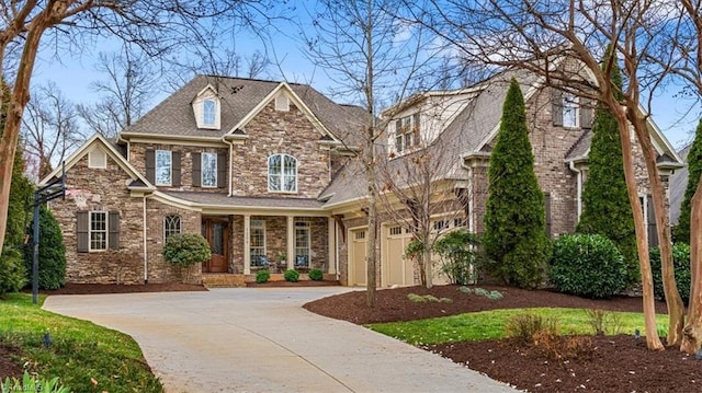 craftsman inspired home with a garage, stone siding, and driveway