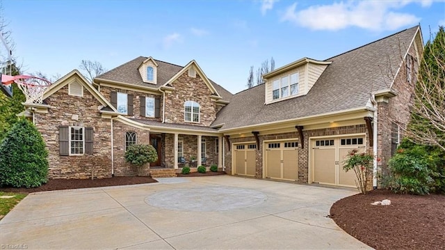 craftsman house featuring stone siding, driveway, roof with shingles, and an attached garage