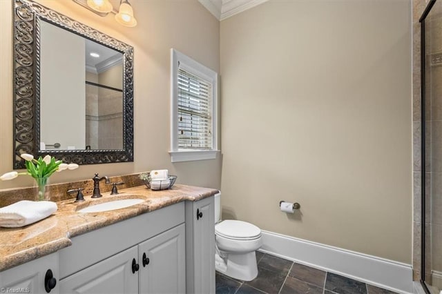 bathroom with crown molding, toilet, baseboards, and a tile shower