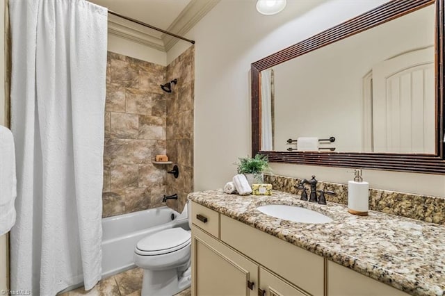 full bath featuring shower / bathtub combination with curtain, toilet, ornamental molding, and vanity