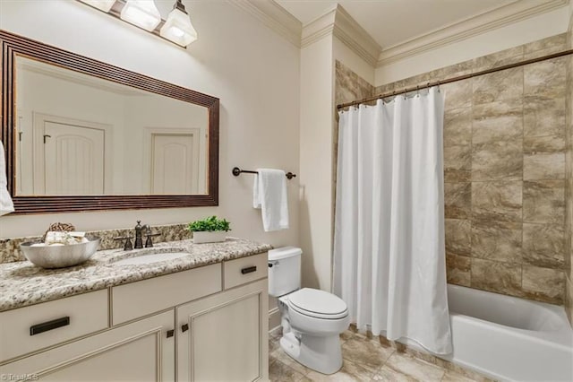 bathroom with vanity, toilet, shower / bath combo, and ornamental molding