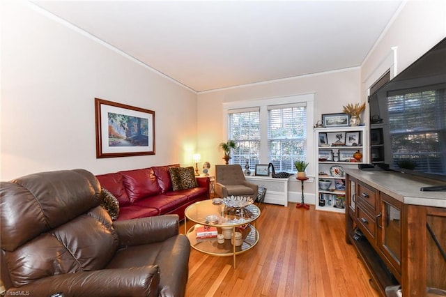 living room with light wood-type flooring and crown molding