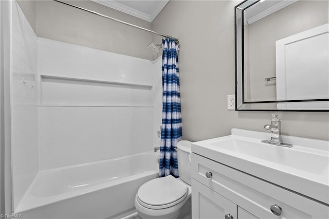 full bathroom with shower / tub combo, vanity, ornamental molding, and toilet