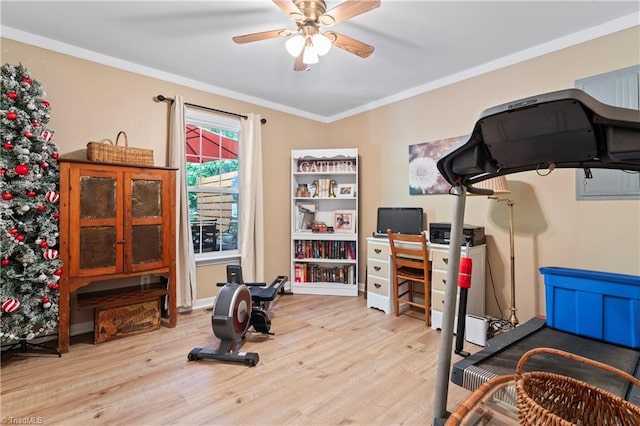 1044 Riverwood Rd, Lexington, NC 27292 - exercise area featuring wood finished floors, ceiling fan, and ornamental molding