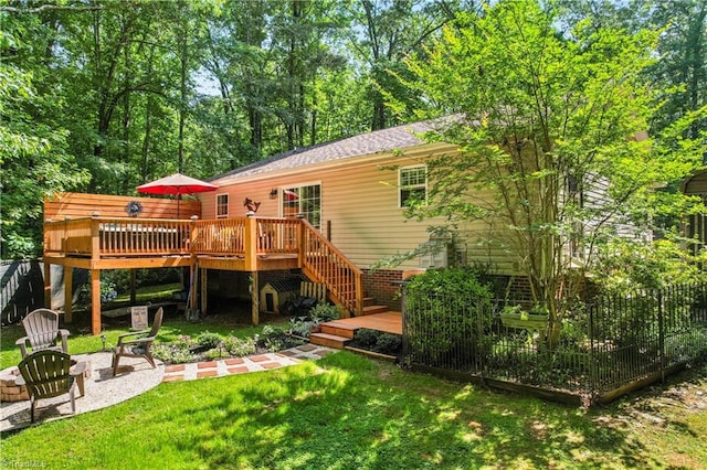 1044 Riverwood Rd, Lexington, NC 27292 - rear view of property featuring stairs, a wooden deck, a lawn, and a patio