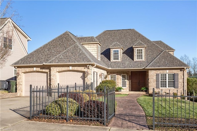 view of front of home with a garage and a front lawn