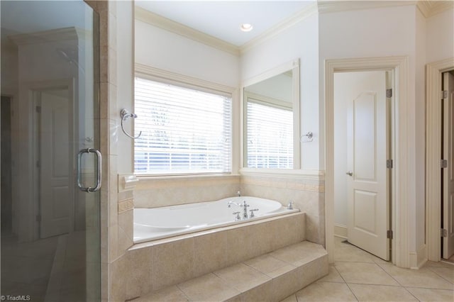 bathroom with crown molding, separate shower and tub, and tile patterned floors