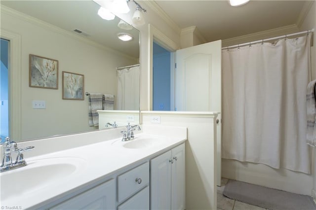 bathroom featuring tile patterned flooring, vanity, crown molding, and shower / bath combination with curtain