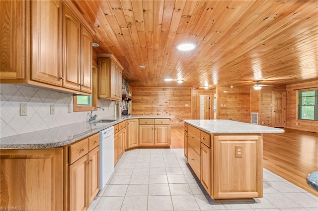 7849 Circle L Trl, Rougemont, NC 27572 - kitchen with dishwasher, light tile patterned flooring, backsplash, a center island, and wooden ceiling