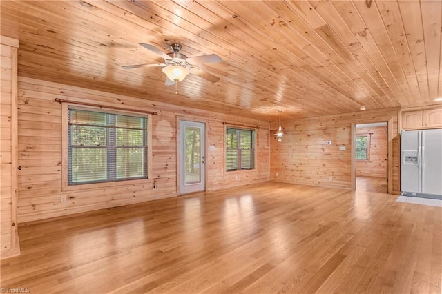 7849 Circle L Trl, Rougemont, NC 27572 - unfurnished living room featuring wooden ceiling, light wood finished floors, wood walls, and ceiling fan