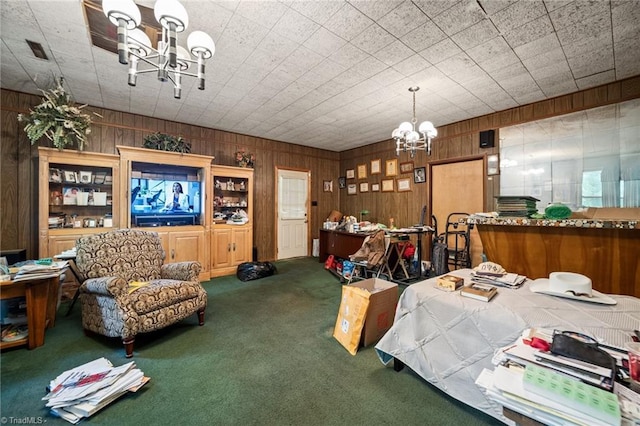 1204 Hobbs Rd, Greensboro, NC 27410 - living room with a chandelier, carpet flooring, and wooden walls