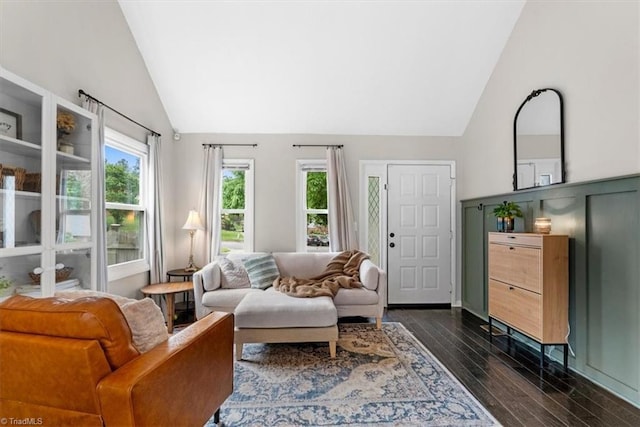 living area featuring high vaulted ceiling and dark wood-style floors