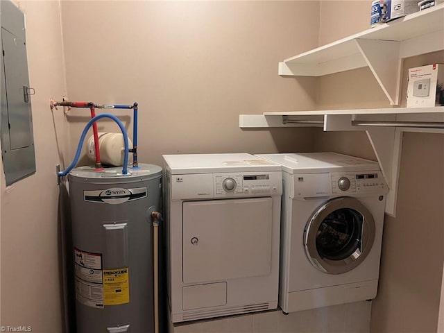 clothes washing area with electric water heater, washer and dryer, and electric panel