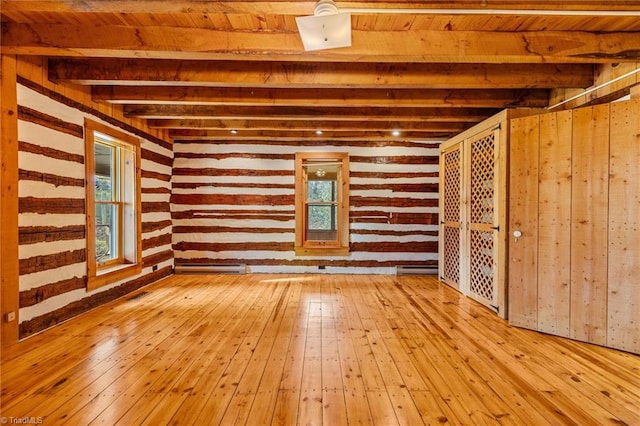 interior space featuring beam ceiling, wooden ceiling, hardwood / wood-style floors, and a healthy amount of sunlight